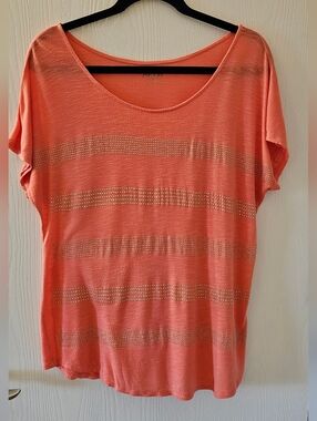 Apt. 9 Coral Scoop Neck Short Sleeve Top with Metallic Stud Stripes